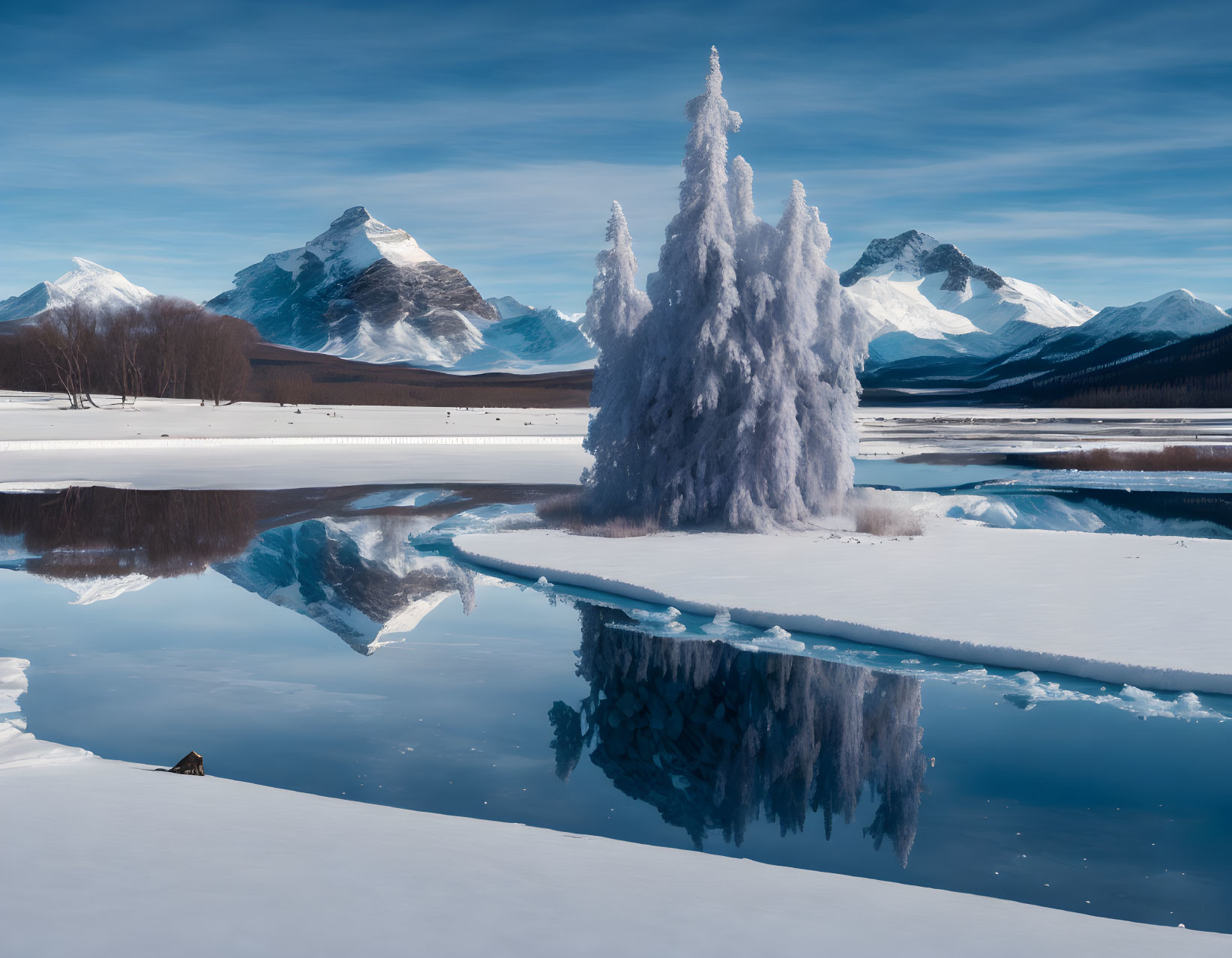 Snow-covered tree in serene winter landscape with mountain backdrop and reflection in frozen water