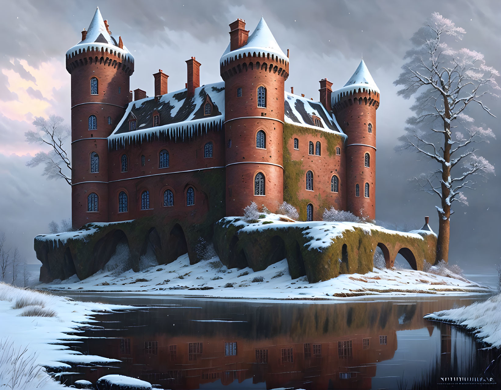 Snowy Landscape: Majestic Castle with Towers and Turrets Reflected in Lake