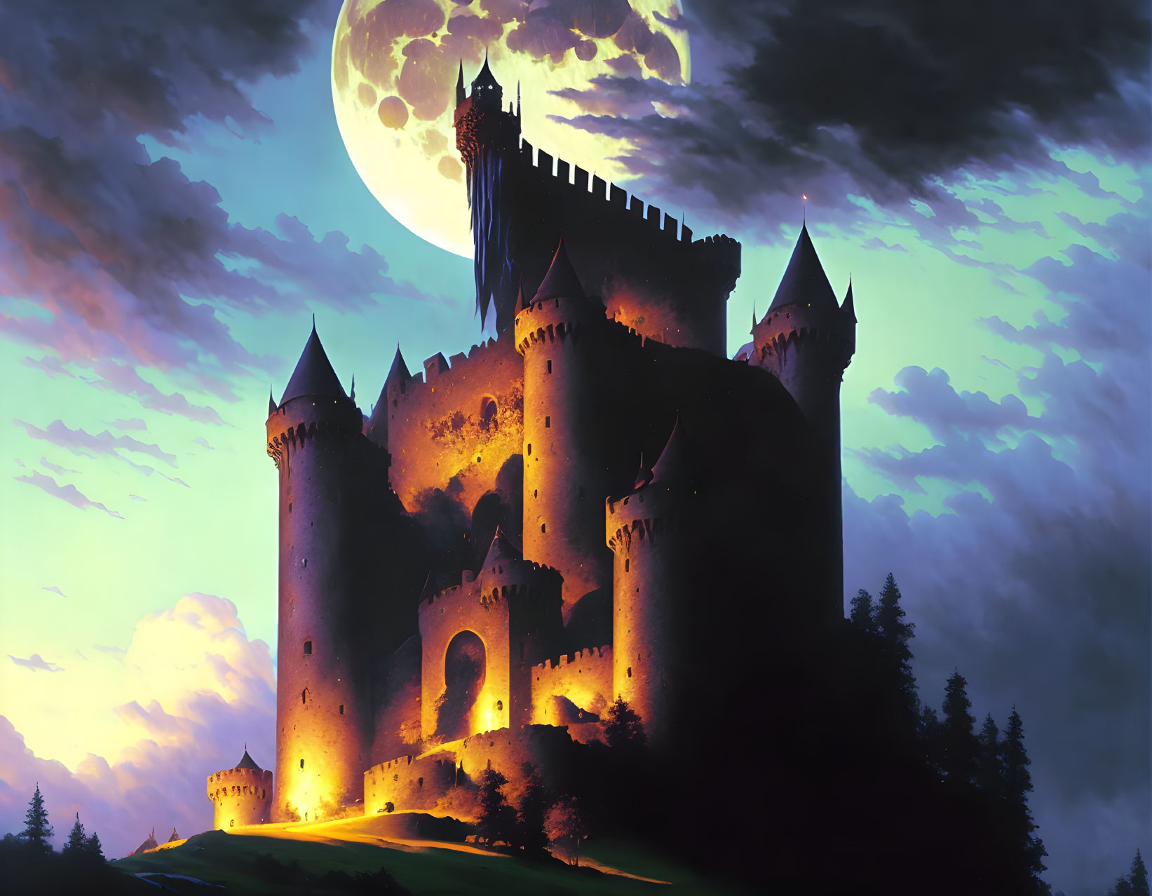 Majestic castle on hill under large moon in twilight sky