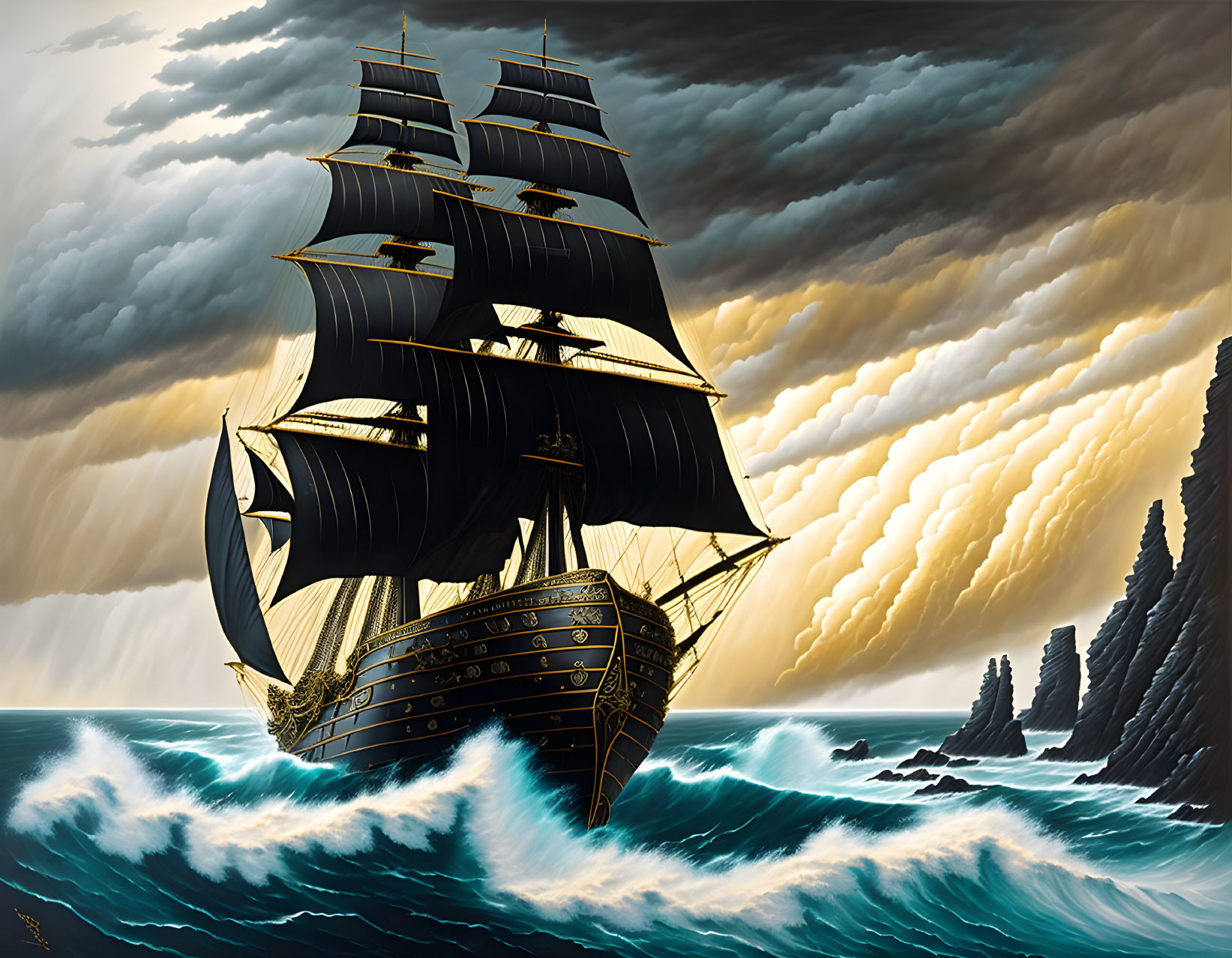 Tall ship sailing stormy seas near jagged cliffs