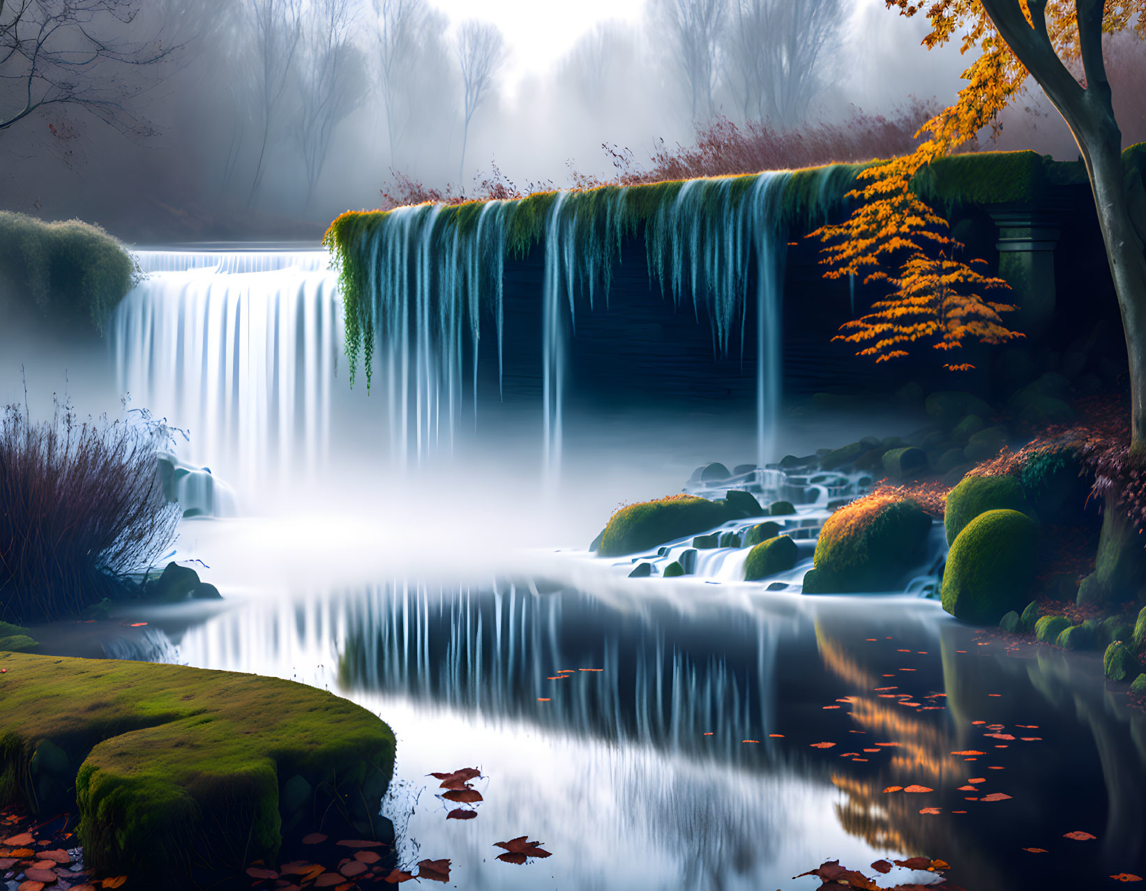 Tranquil waterfall in autumn setting with moss-covered rocks