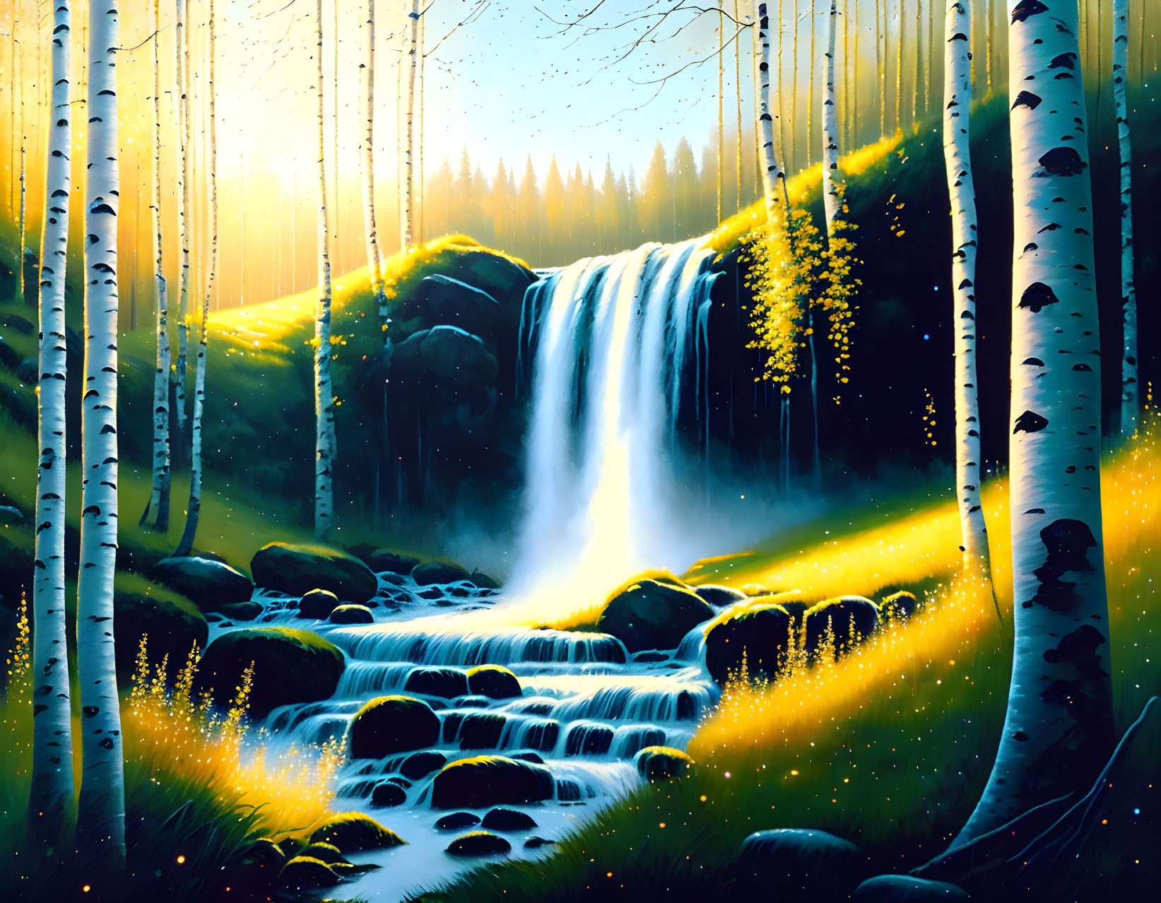 Tranquil waterfall in sunlit birch forest with glowing water and moss-covered rocks