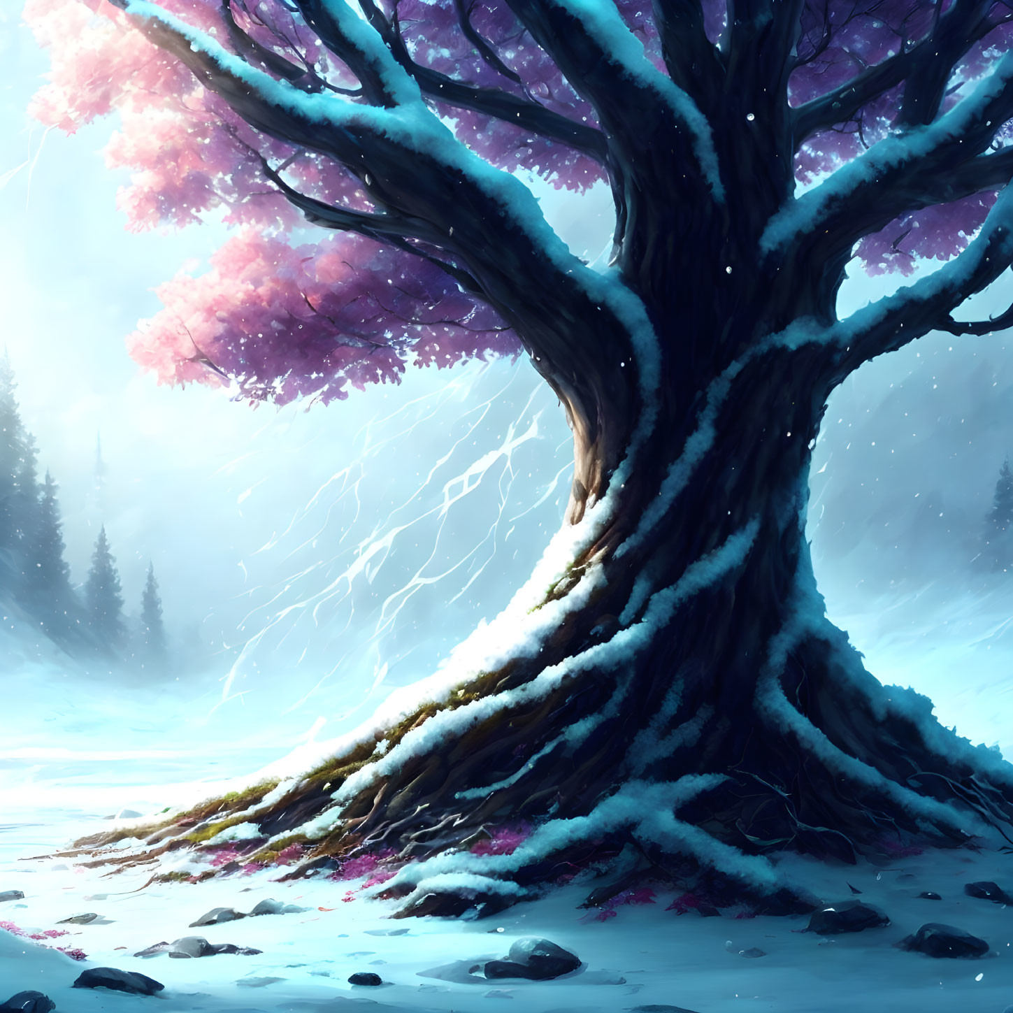 Majestic tree with pink foliage in snowy landscape with sunlight glow