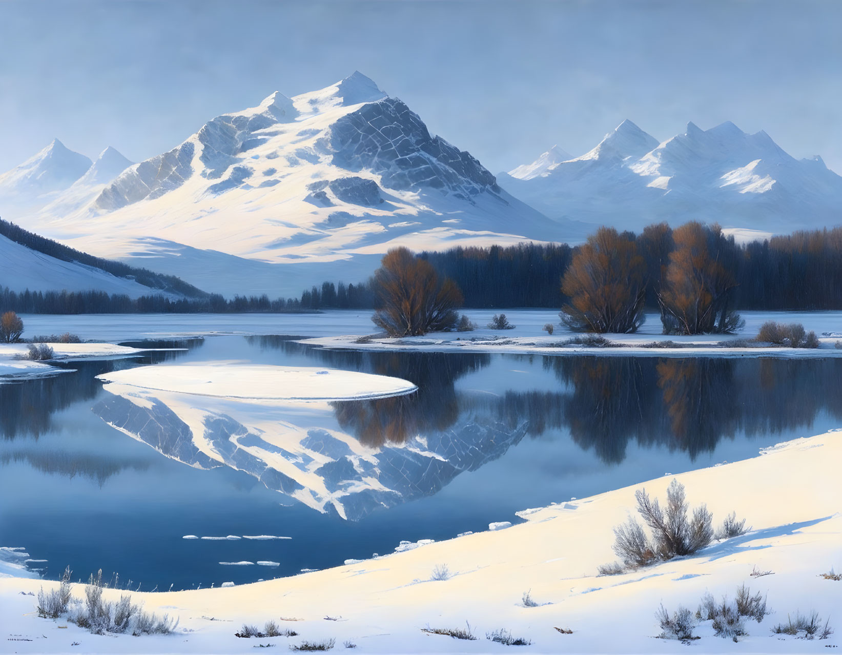 Snow-covered mountains and calm river in tranquil winter scene