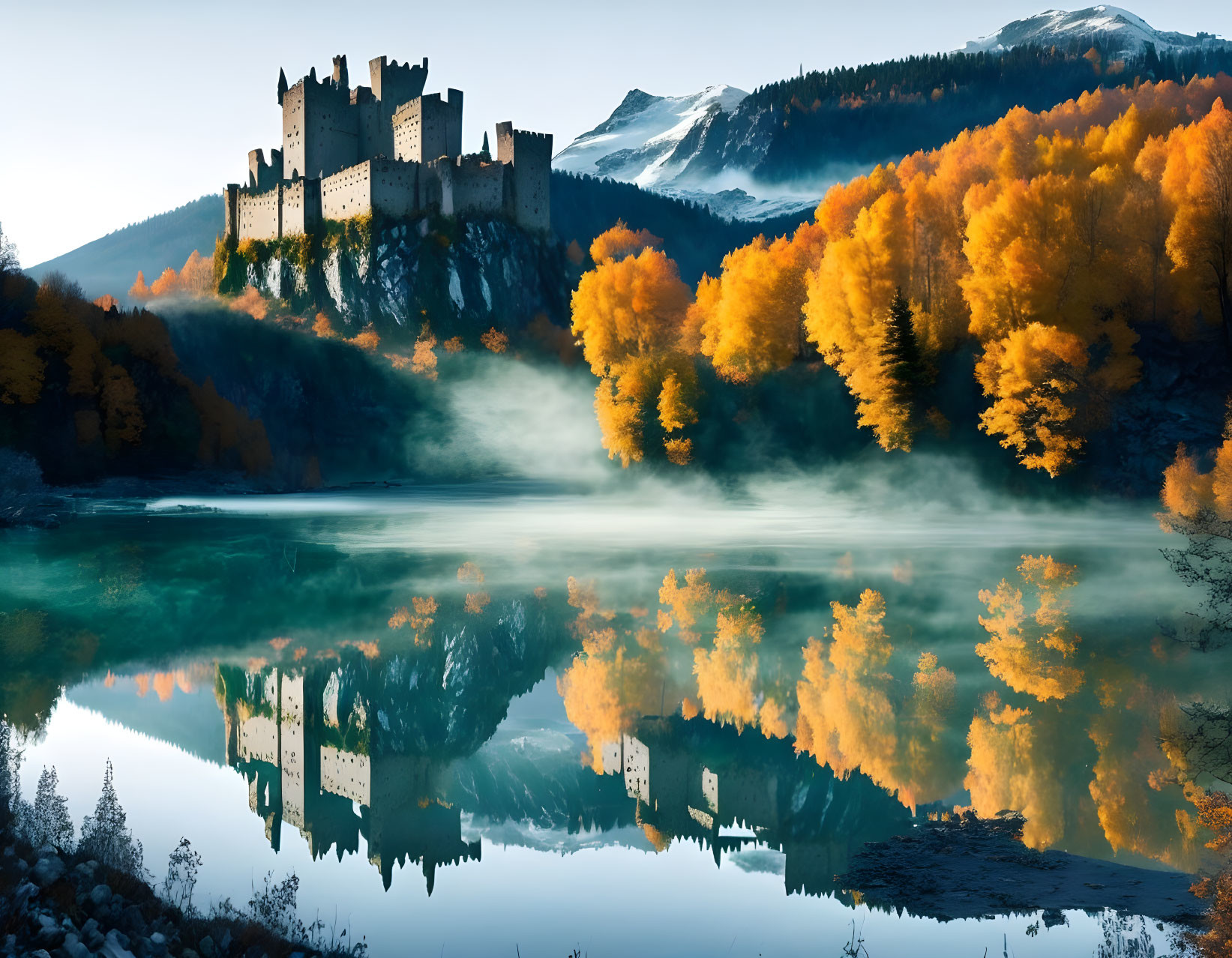 Majestic castle overlooking misty lake in autumn landscape
