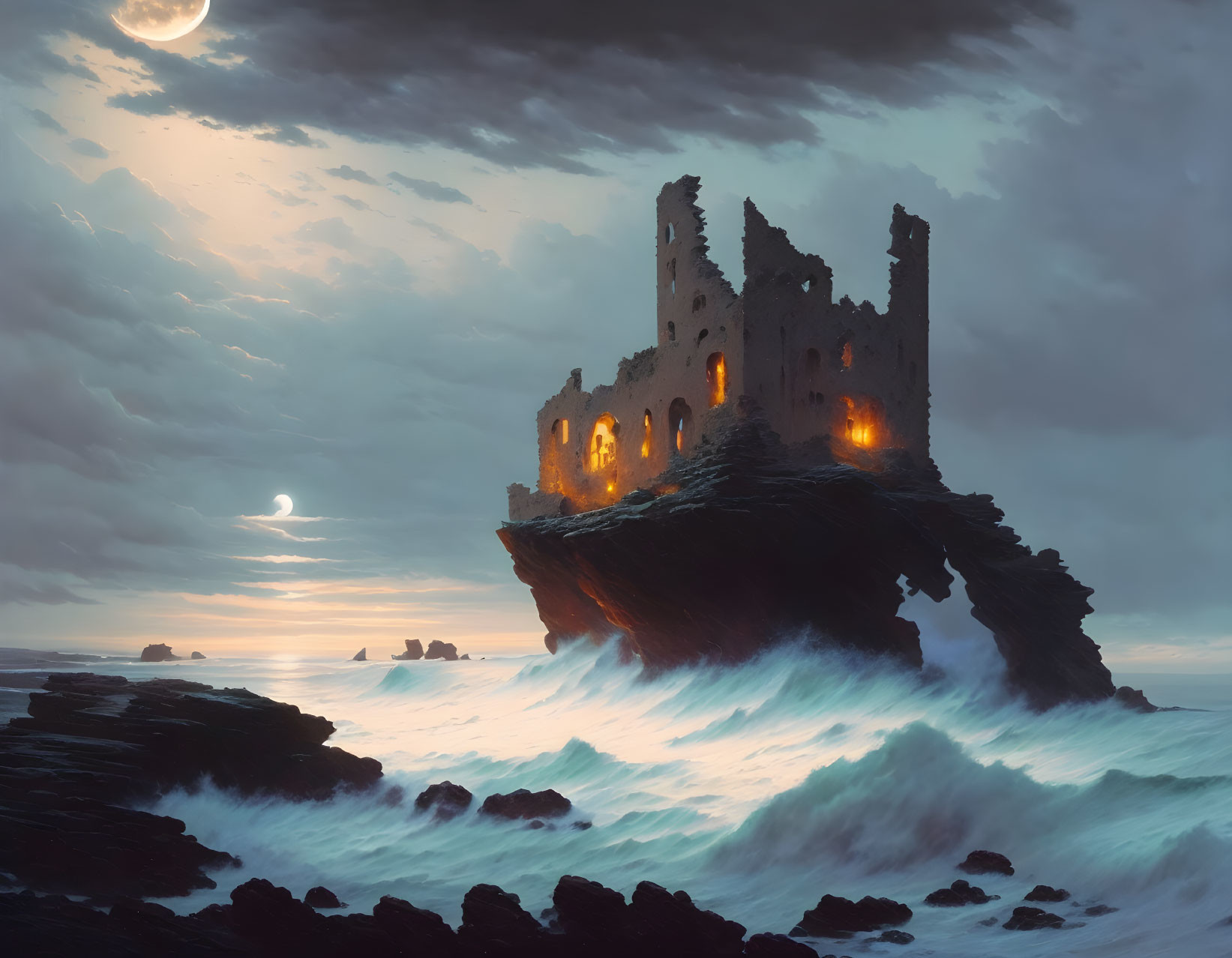 Ruined castle on cliff with crashing waves under twilight sky and multiple moon phases.