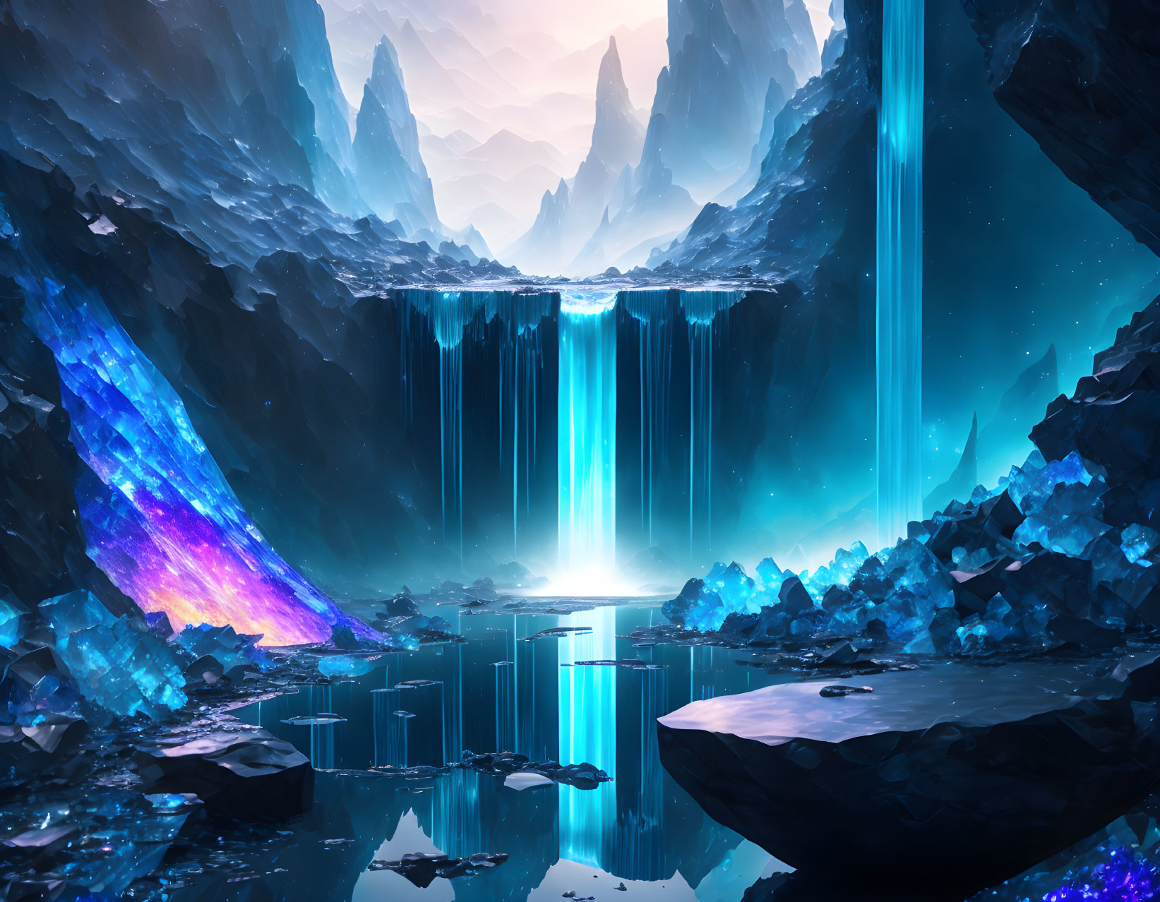 Majestic Fantasy Cave with Luminous Lake and Waterfalls