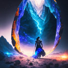 Cloaked figure at glowing crystal portal on alien landscape