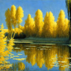 Autumn trees and water lilies reflected in serene lake scene