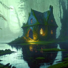 Serene moonlit forest scene with cottage by lake