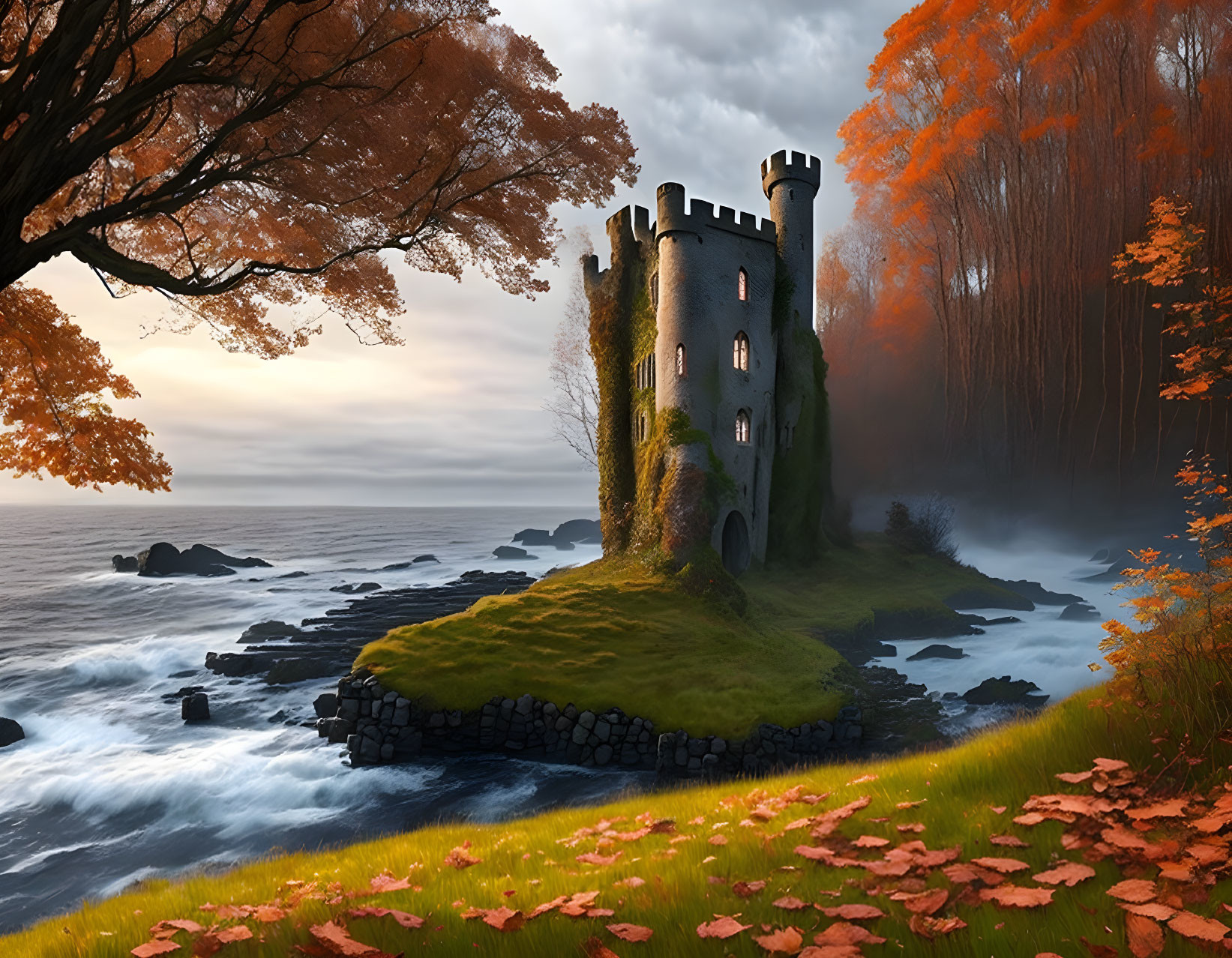 Stone castle on coastal cliff in autumn forest at sunrise with sea mist.