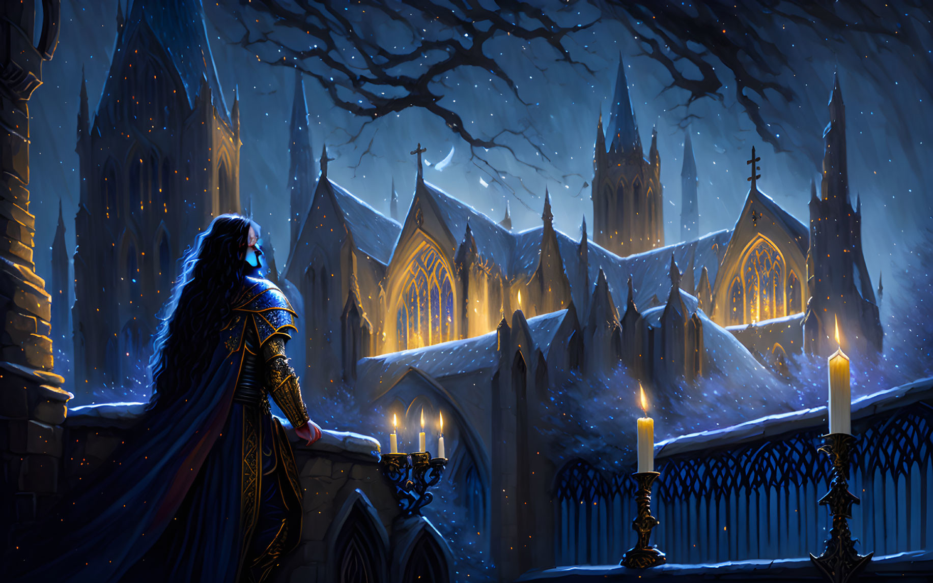 Cloaked figure on balcony overlooking snow-covered cathedral at night