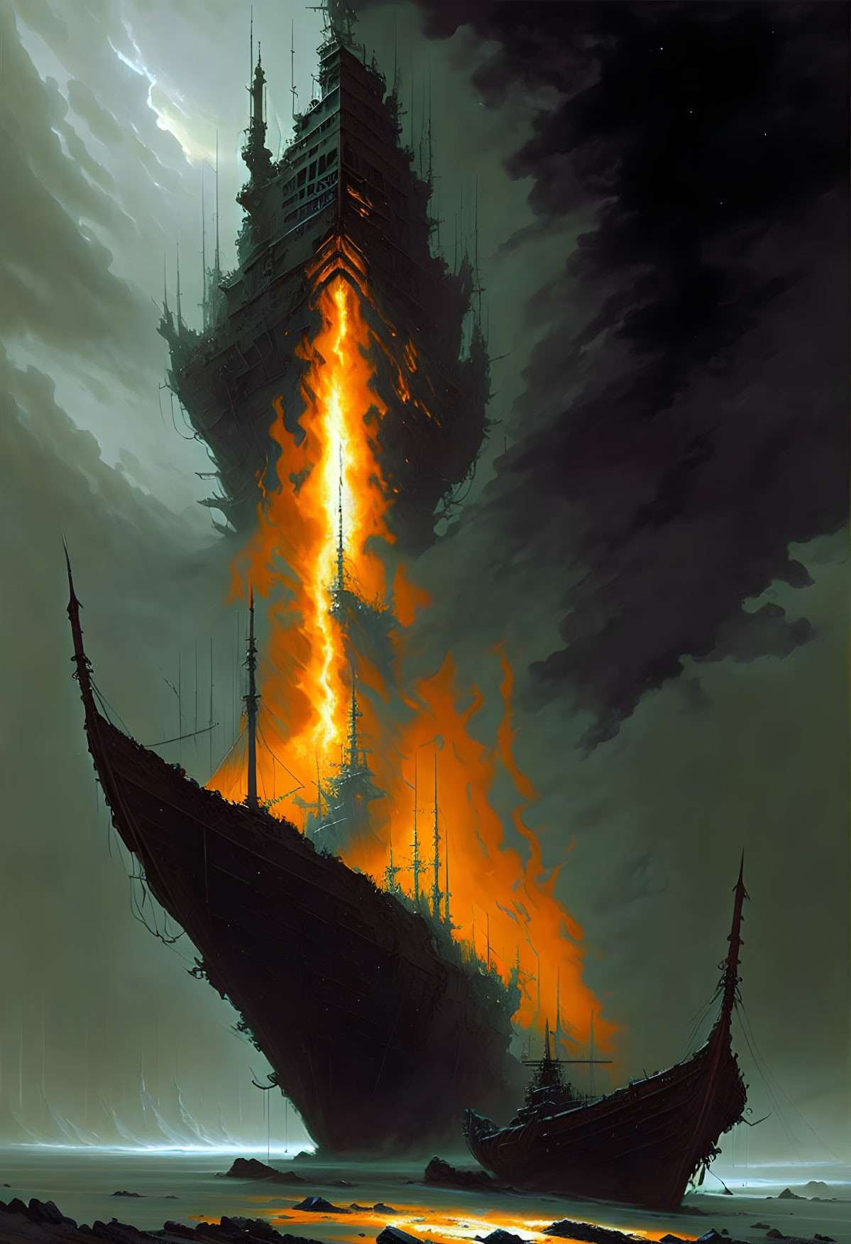 Fantastical image of towering ship ablaze in dark skies