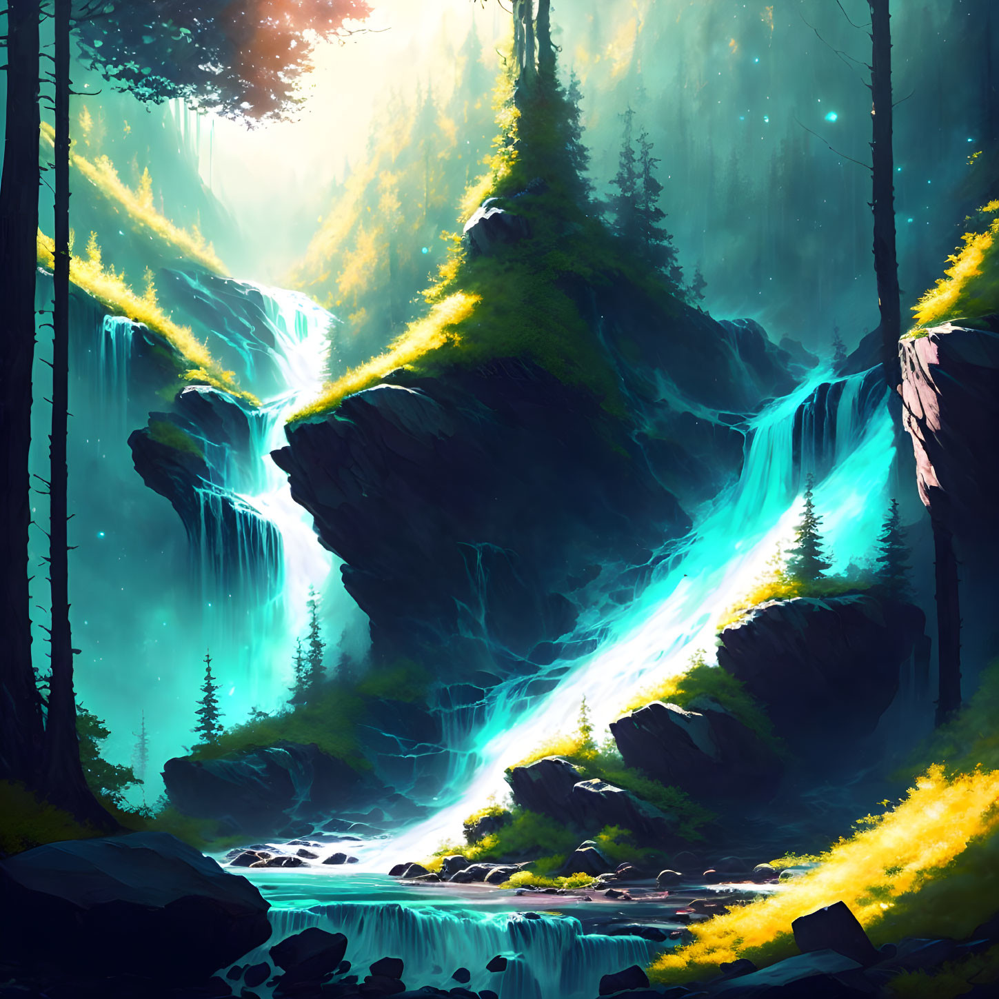 Mystical forest scene with blue waterfalls, greenery, sunbeams, and moss-covered