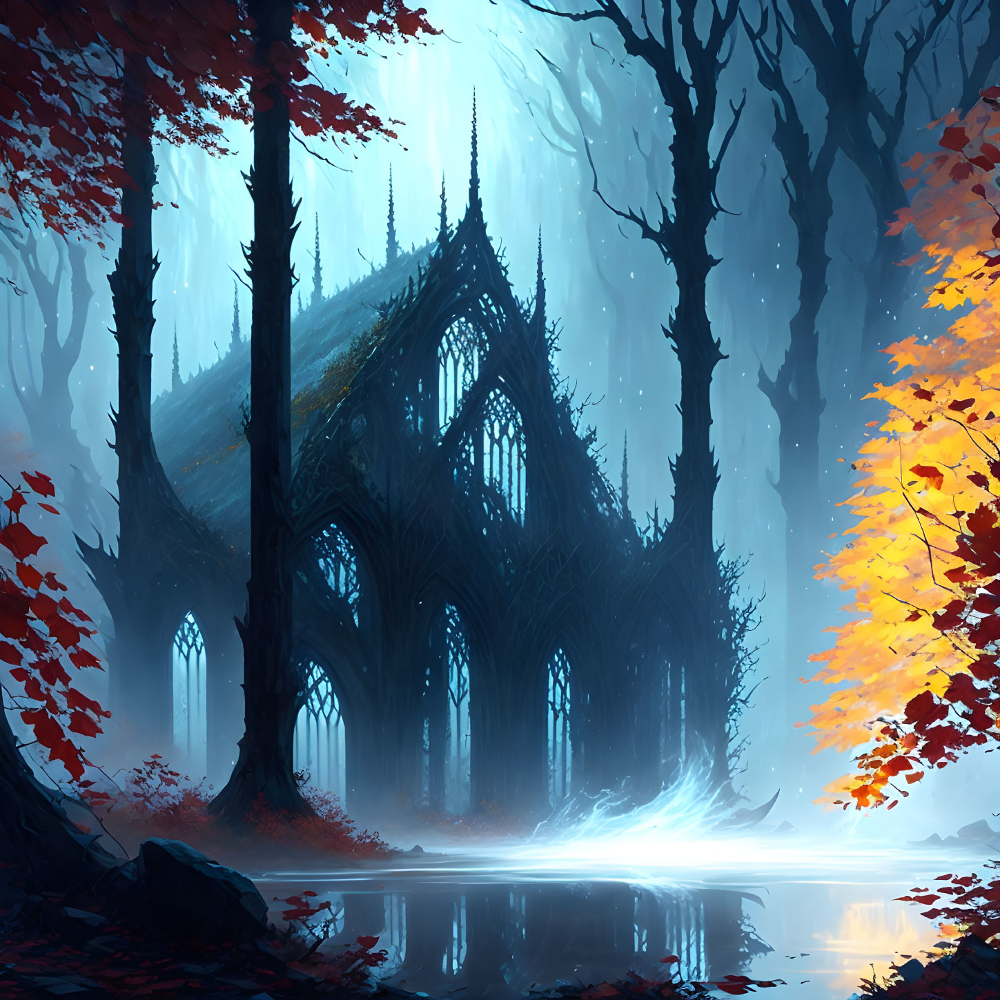 Gothic Cathedral in Autumn Forest with Fog and Water