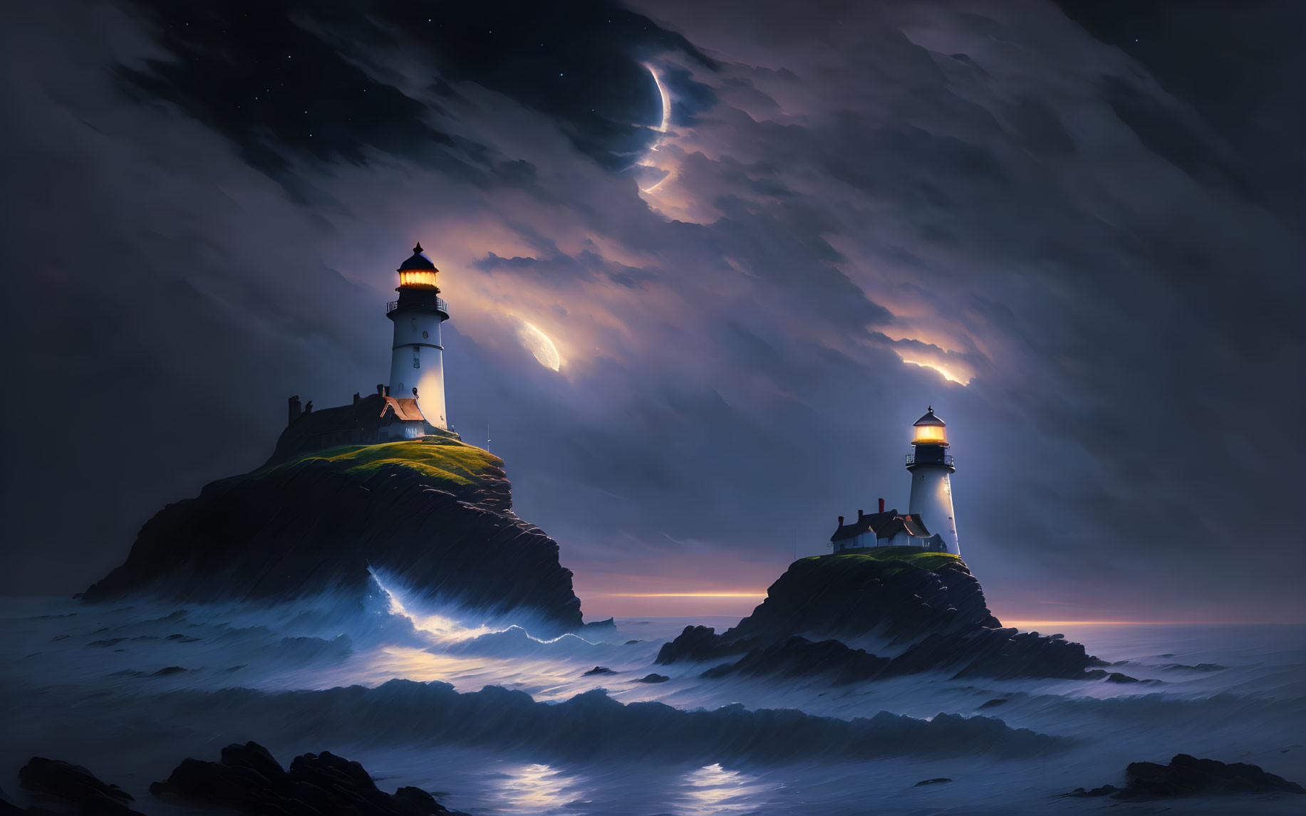 Rugged cliffs with two lighthouses under a cosmic night sky
