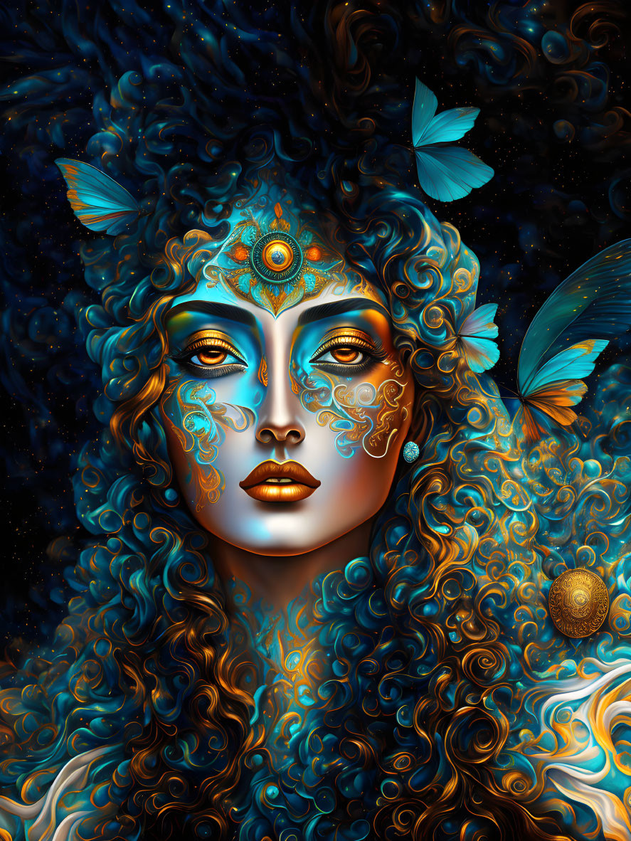 Digital artwork of a woman with blue-golden skin and ornate patterns, surrounded by butterflies.