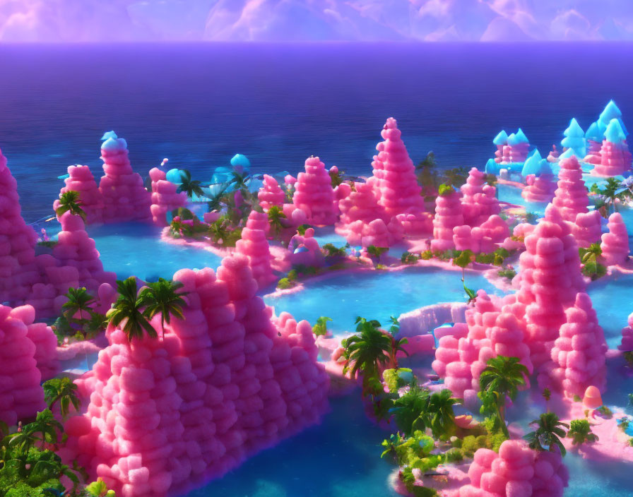 Fantasy landscape with pink and blue crystals, palm trees, and blue water