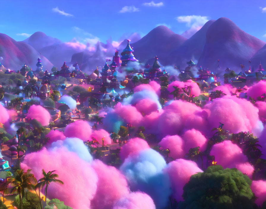 Colorful fantasy landscape with fluffy clouds, whimsical architecture, and purple mountains.