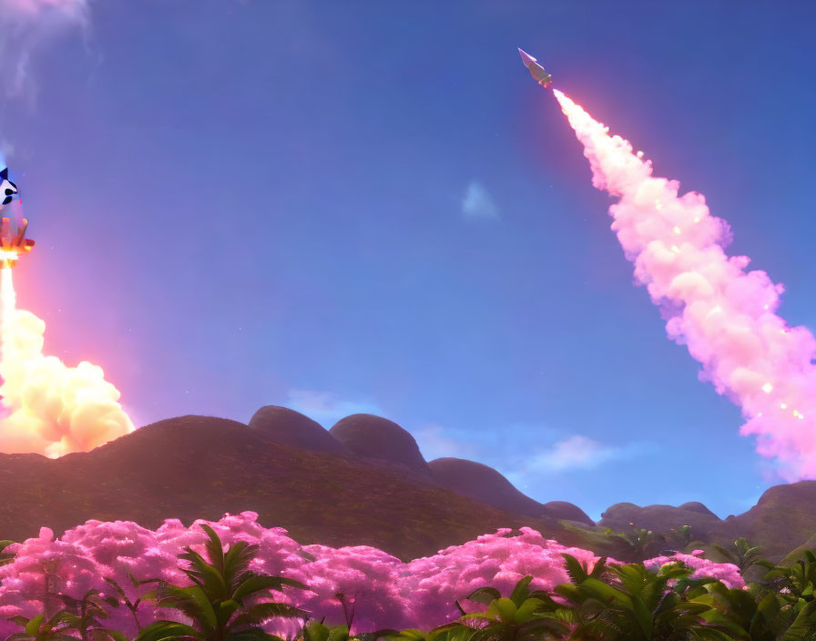 Colorful animated scene: Rockets with pink smoke trails in sky over green hills