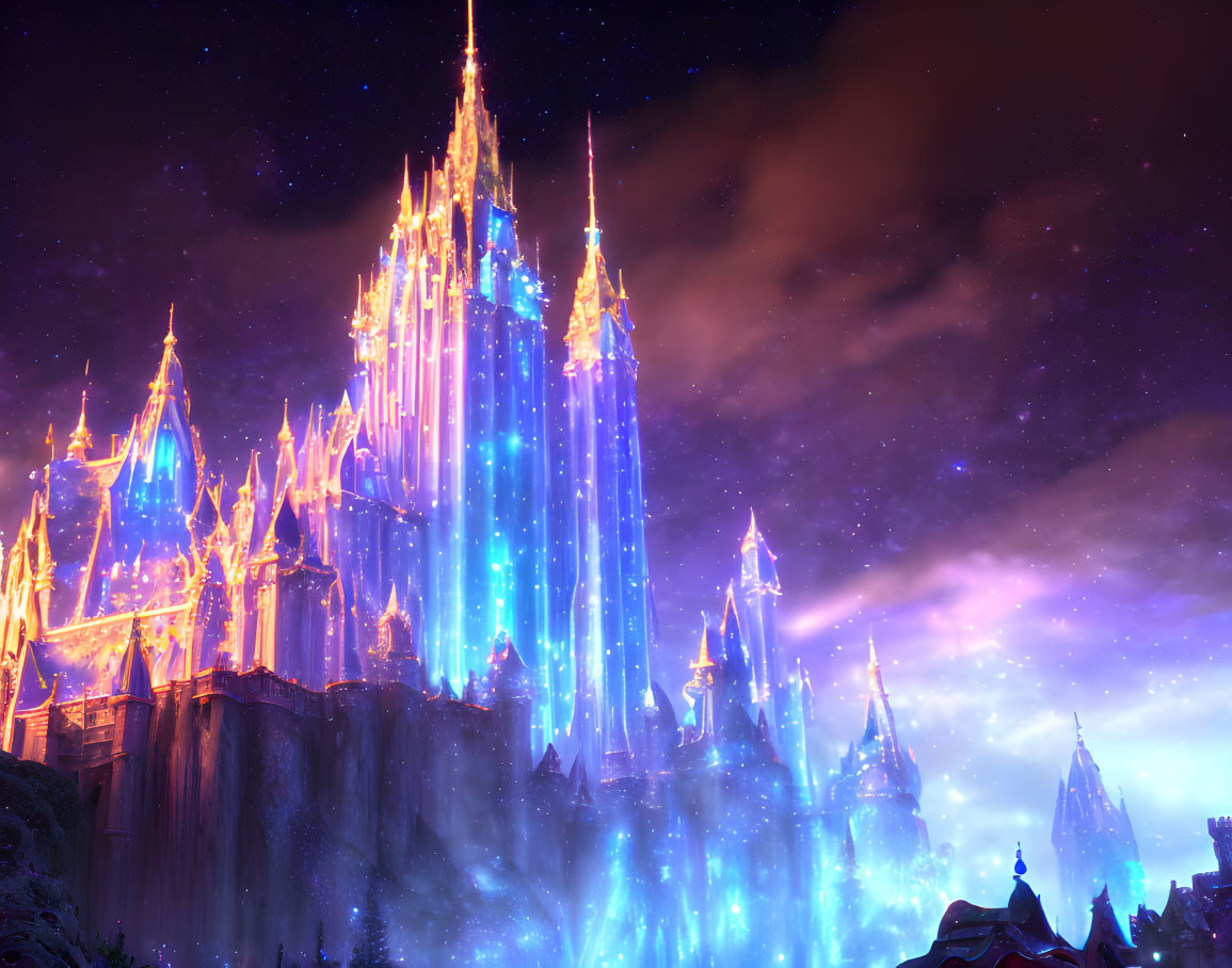 Luminous crystal castle on rugged cliffs under twilight sky