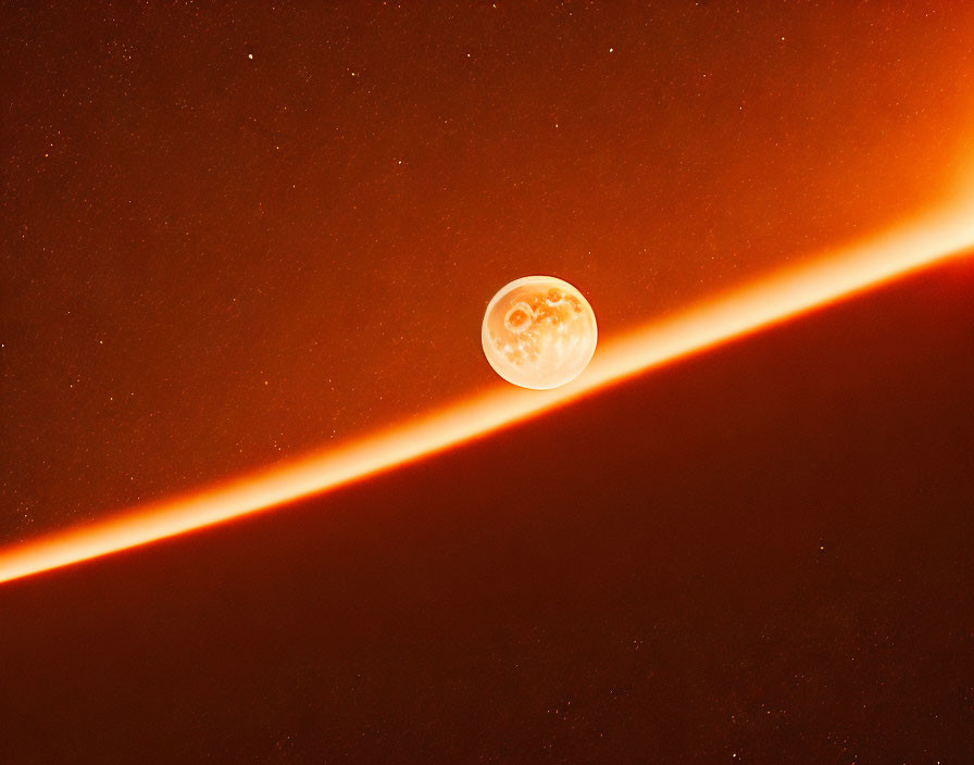 Celestial body resembling Moon in starry space with vivid orange horizon.