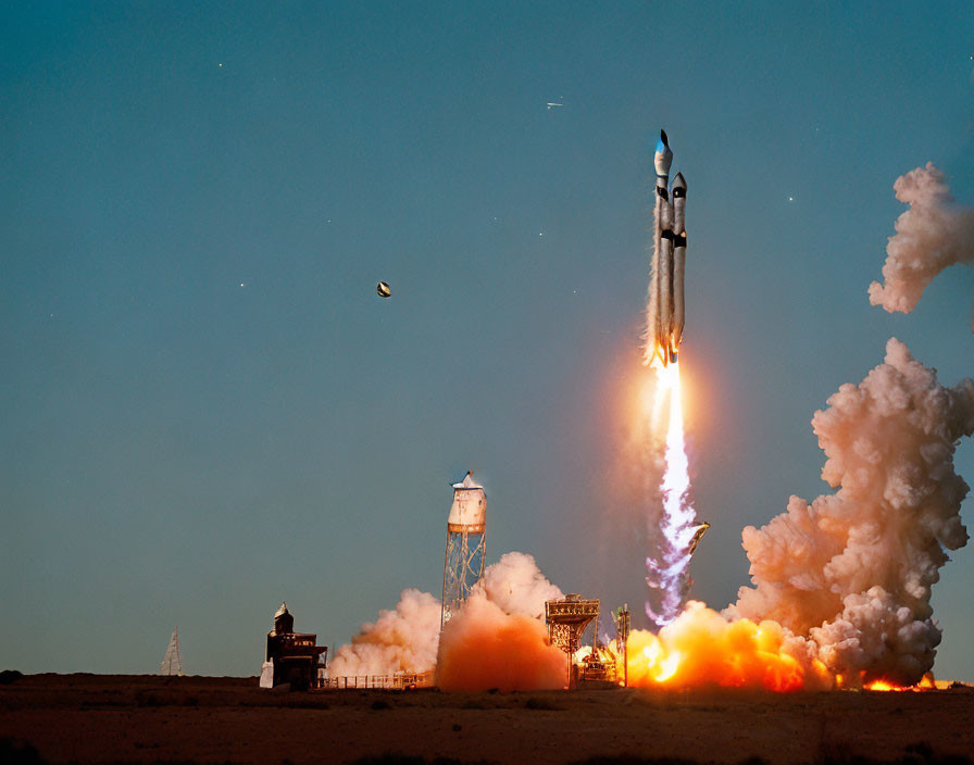 Rocket Launches from Pad with Fiery Exhaust in Clear Blue Sky