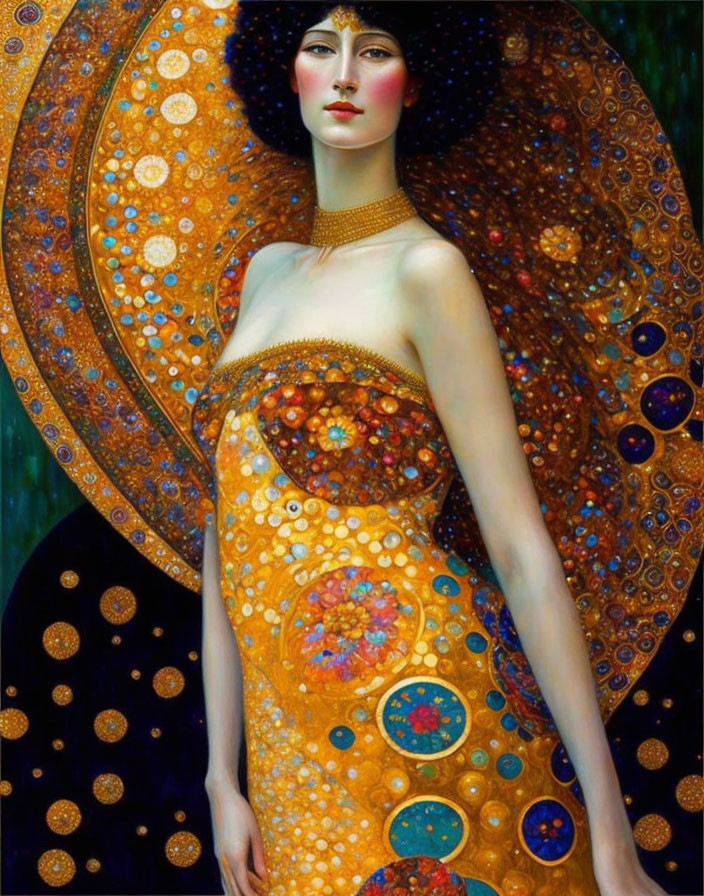 Illustration of woman with decorative halo and attire inspired by Gustav Klimt - intricate patterns and