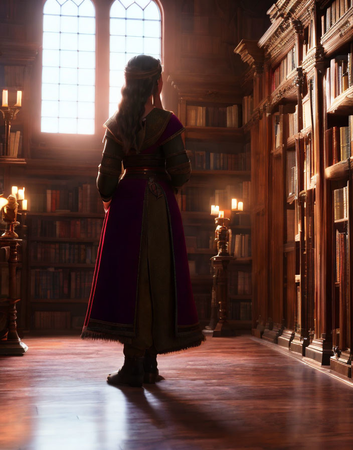 Medieval person with braid in candlelit library gazing out window