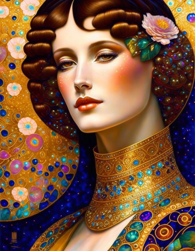 Stylized woman in ornate gold and blue attire with intricate patterns