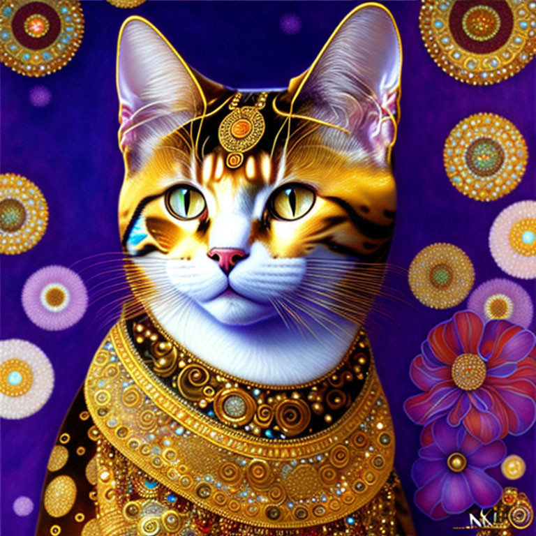 Regal Cat Illustration with Vibrant Colors and Gold Patterns