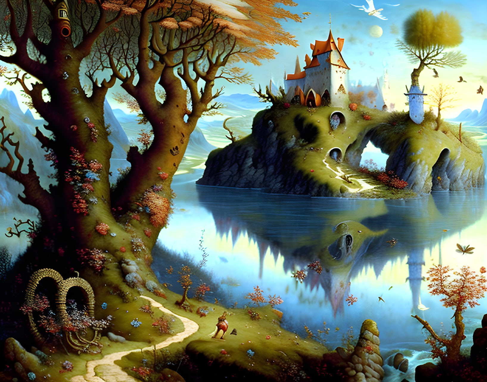Fantastical Landscape with Whimsical Castle and Magical Creatures