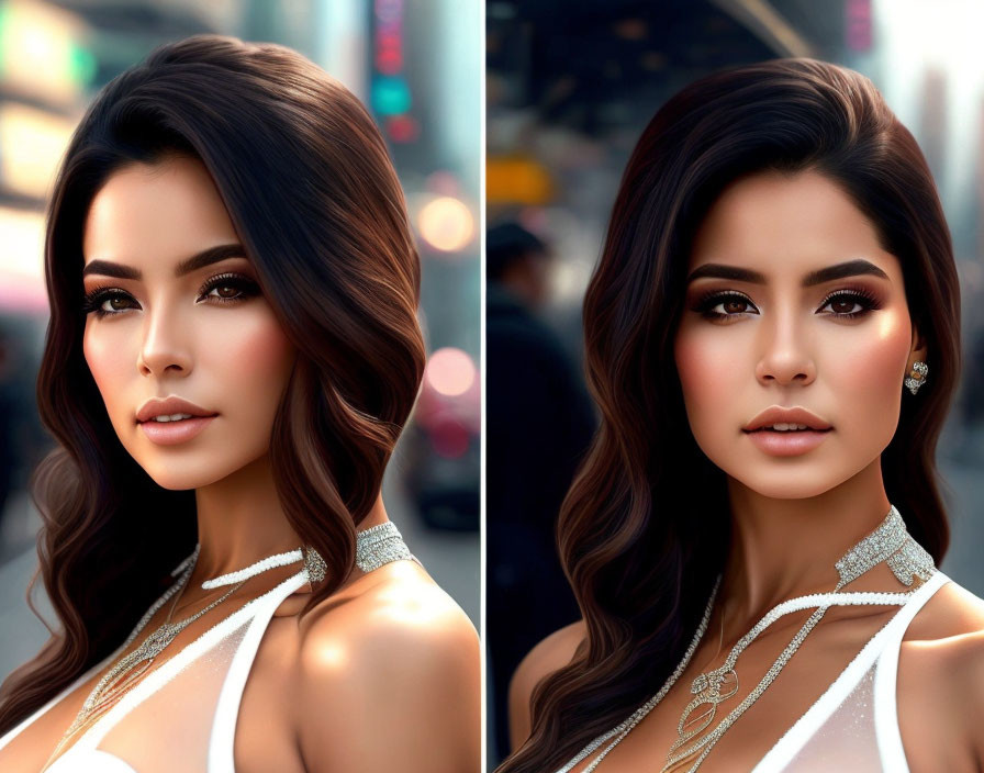 Two portraits of a woman with voluminous brown hair, makeup, and jewelry against a blurred cityscape