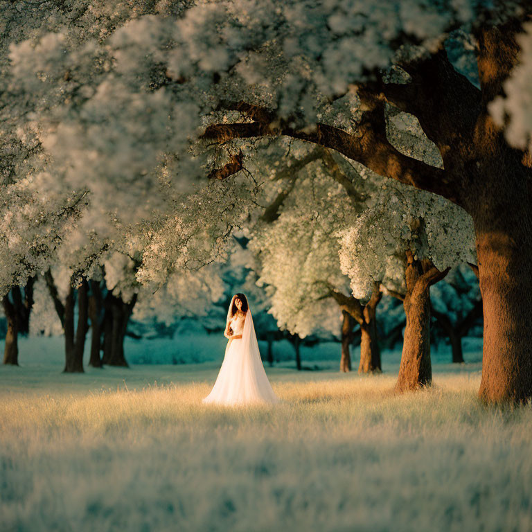 Person in Long Dress Standing Among Flowering Trees in Soft Golden Light