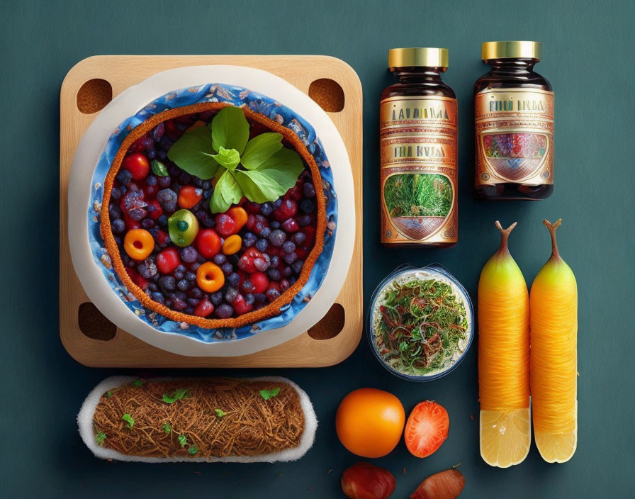 Vibrant food assortment featuring fruit tart, herb jars, sprouts, citrus, and tomatoes on