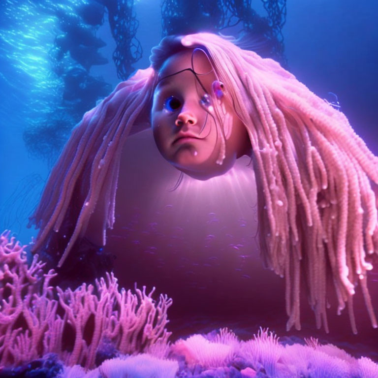 Surreal child's face with pink hair in underwater scene