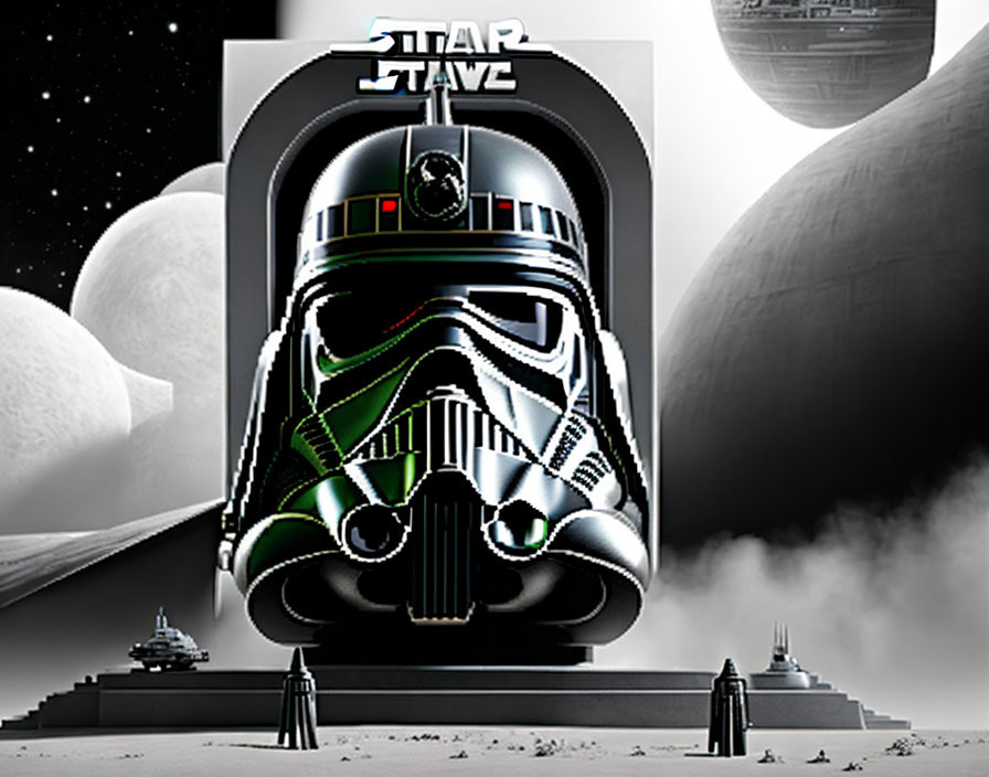 Stylized Stormtrooper helmet in futuristic space scene