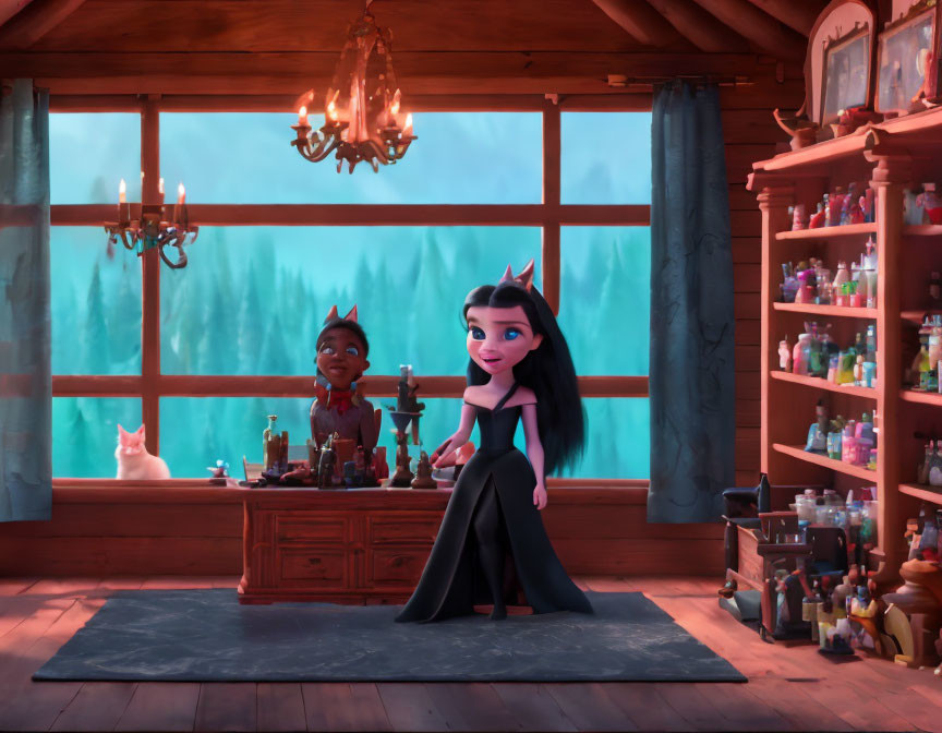 Animated girl and boy in cozy cabin with potion bottles and cat