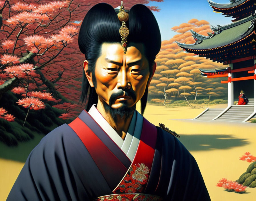 Detailed Digital Painting of Ancient Asian Warrior in Traditional Robes Amid Cherry Blossoms and Temples