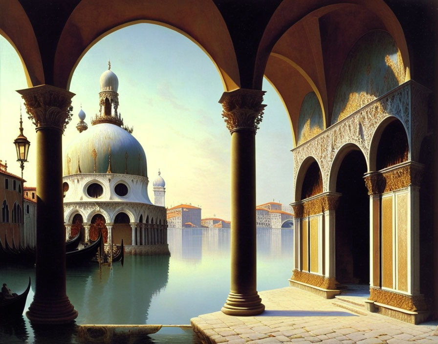 Ornate domed building by calm canal with gondola and elegant archways