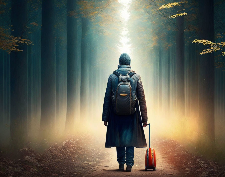 Person walking down misty tree-lined path with suitcase and backpack