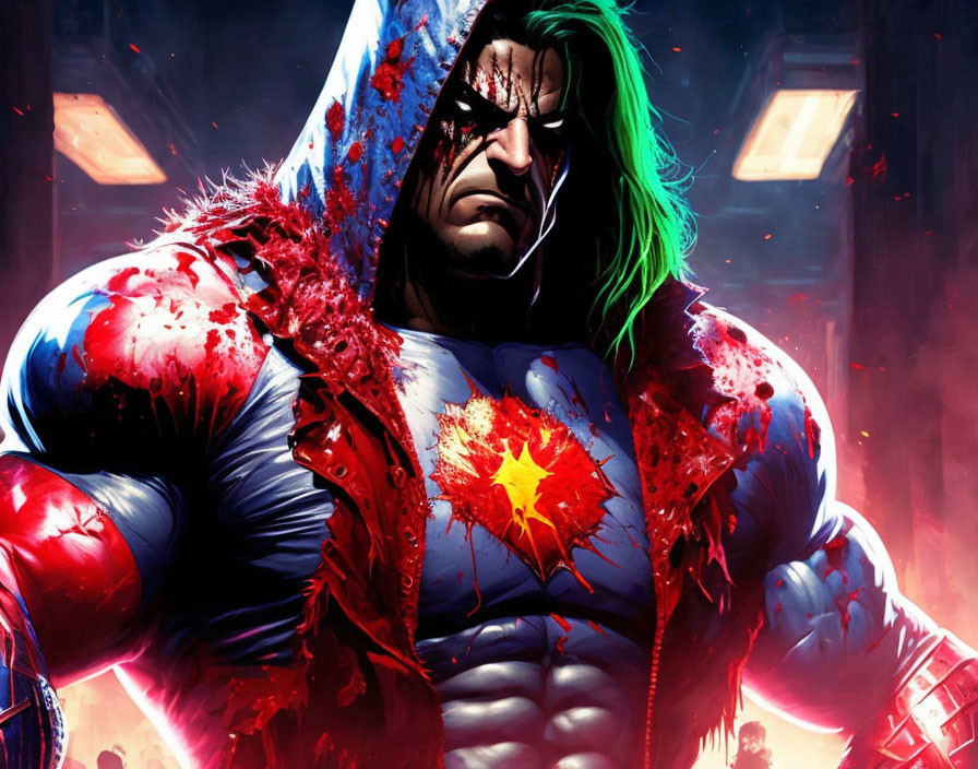 Muscular superhero with long hair in torn cape amid chaos and glowing green eyes