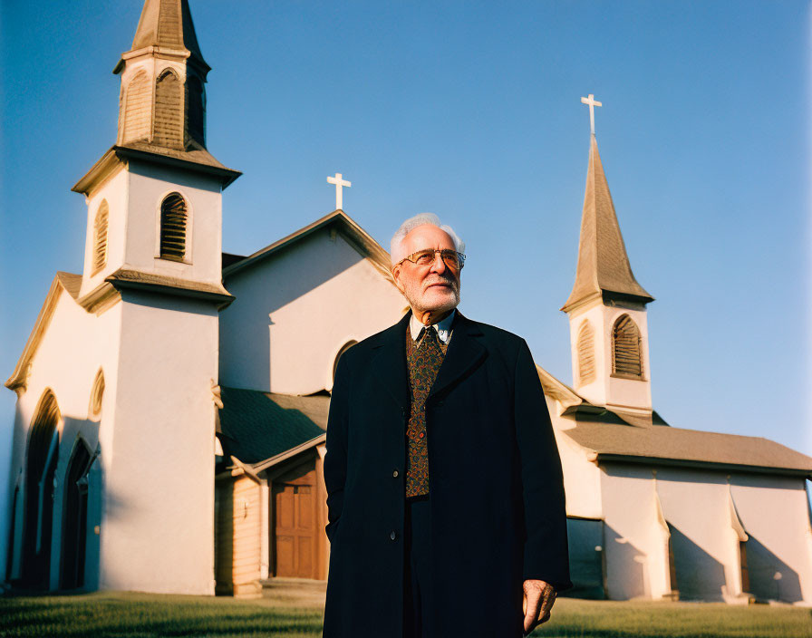 Elderly man with glasses and beard outside church with two steeples