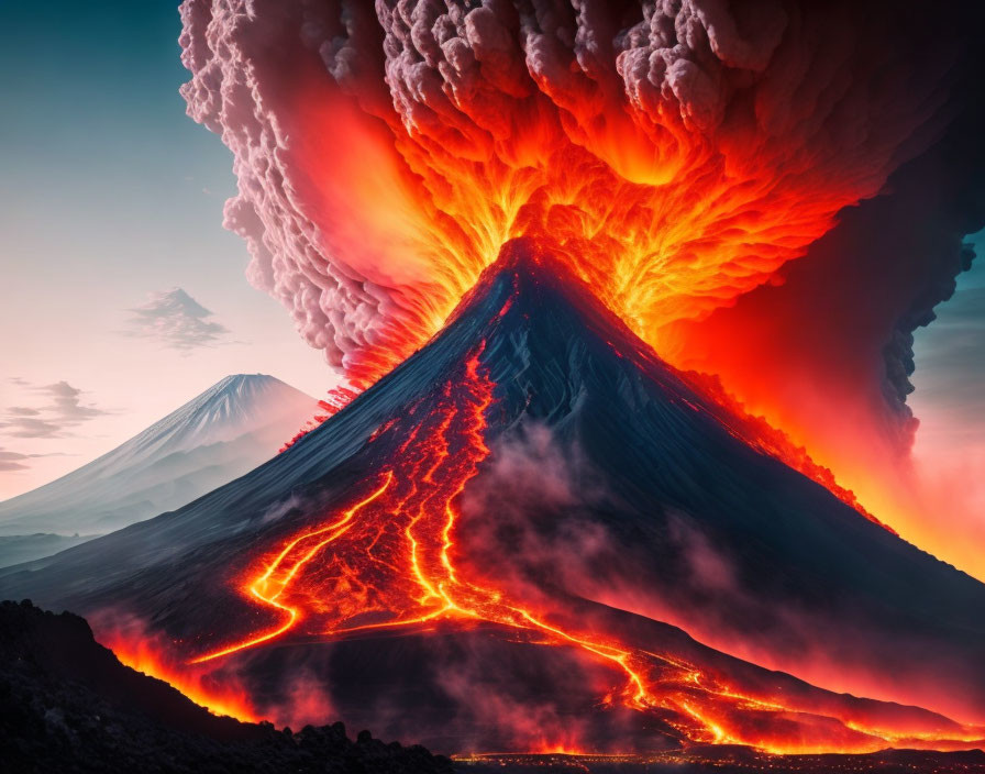 Volcanic eruption with glowing lava flows and ash plume under red and blue sky