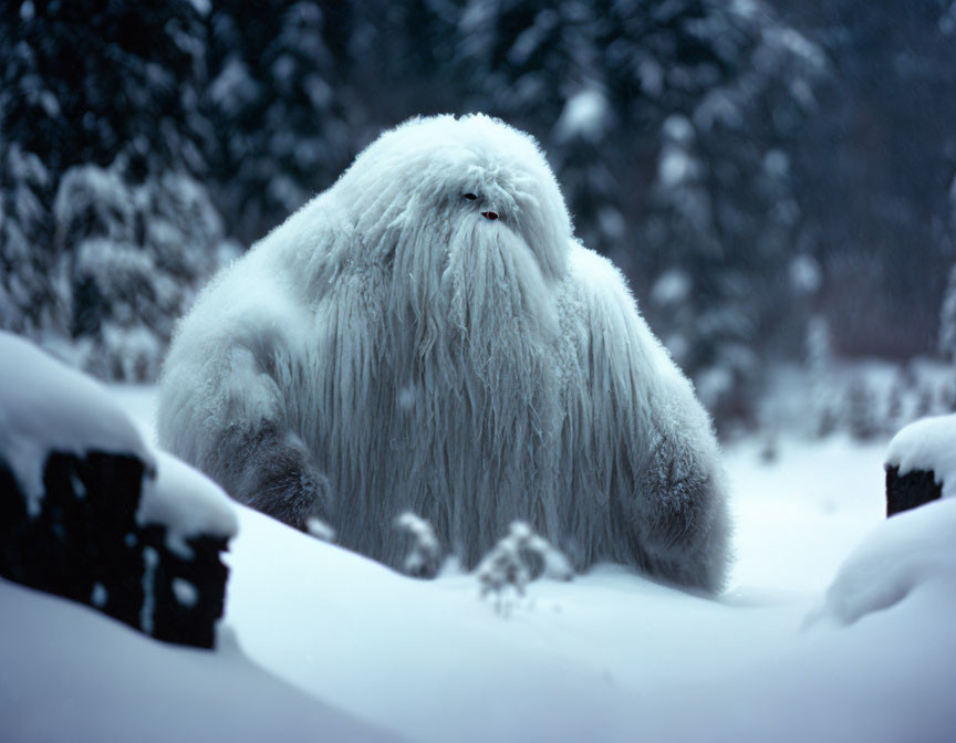 White Yeti-Like Creature in Snowy Landscape with Falling Snowflakes