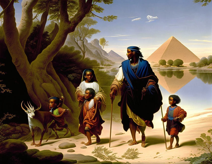 Traditional African attire group walking by river with pyramid in lush landscape