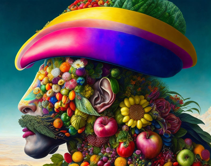 Vibrant profile portrait made of fruits, vegetables, and mushroom hat