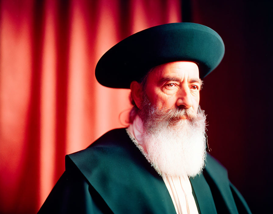 Bearded man in traditional robe and hat on crimson backdrop