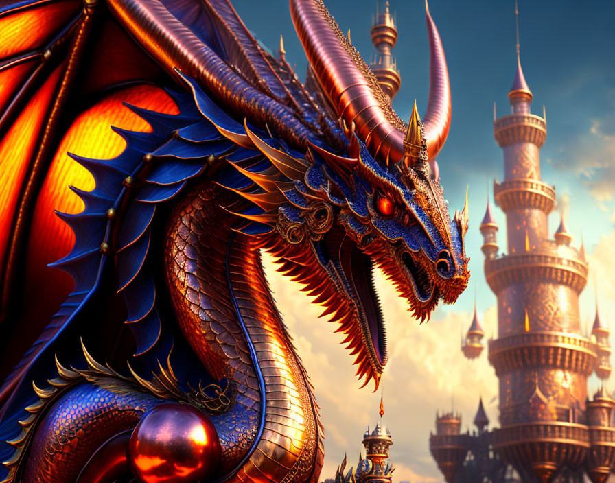 Blue dragon with red highlights by fantasy castle under dramatic sky