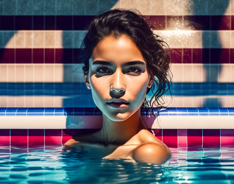 Woman with wet hair lounging by swimming pool under sunny skies